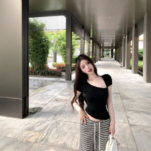 Slim Fit Short Sleeve T-Shirt Womens Summer Waist Cinching Shoulder T-Shirt Black Asymmetrical Collar Commute Style Top