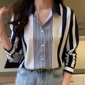 Fashion Korea Lapel Casual Long Sleeve Tops Office Lady Blue Striped Shirt for Women Clothes