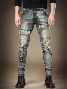 Quần Jeans Denim Ôm Vừa Vặn Cho Nam Quần Dài Thường Ngày Có Lỗ Xé Phong Cách Retro Splicing Motorbike Quần Jeans Denim