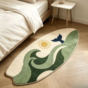 VIKAMA Surfboard Shaped Area Rug Green Ocean Wave Whale Tail Sun Print Non‑Slip Soft Floor Mat for Bedroom Home Decor