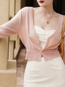 French Vintage หลวม สั้น แขนกุด ผ้าคลุมไหล่ผู้หญิง ฤดูร้อน น้ําแข็งบาง ผ้าไหม ป้องกันแสงแดดถักเปิด คาร์ดิเกน เสื้อท่อนบน คอวี ปุ่มเดียว