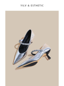 Silver High Heels Womens Retro Pointed Toe Crystal Buckle Flat Commute Low Wear Shoes Fashionable Single Shoes Comfortable