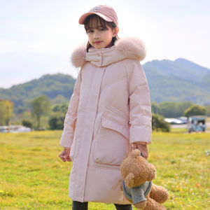 Northeast Winter Girl Thick down Jacket Mid Length Long Length Hooded with Fur Collar Cold Resistance minus 40 Degrees Childrens Outwear
