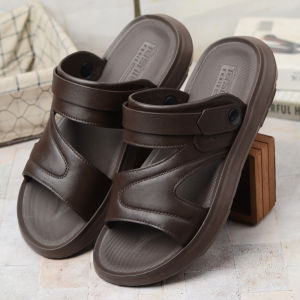 Mens Summer Thick Bottom Slip-On Shoes Casual Wear-Resistant Indoor Outdoor Sandals Waterproof Soft Sole Flat Heel PVC Upper