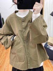 เสื้อแจ็คเก็ตคอวีแขนยาวผ้าฝ้ายแท้สไตล์ญี่ปุ่นสำหรับผู้หญิง ทรงหลวม ทรงเข้ารูป สวมใส่สบาย ฤดูใบไม้ผลิ 2025