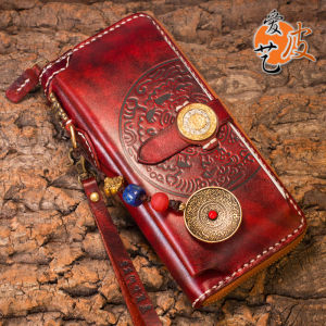 Handmade Vintage Leather Wallet Mobile Phone Wallet Wealth Bag Top Layer Cowhide Lucky Charm Long Wallet Horizontal Shape