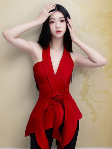 Elegant Stylish Red Floral Halter Neck Vest