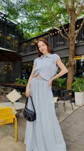 TW22129 Set 2 ชิ้น เสื้อแขนสั้น ชายเว้า + กระโปรงยาว ..