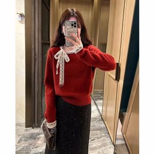 Korean Style Red Lace Tie Splice Oversized Knitted Sweater Womens Autumn Winter Lazy Fashion Outerwear Soft Cozy Top