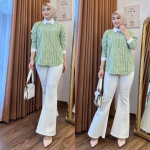 Kemeja wanita ZR motif salur busui friendly bahan katun adem