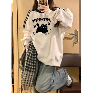 Áo Nỉ in Hình Mèo Dáng Rộng Mỏng Mùa Xuân Thu Phong Cách Mỹ Cổ Điển Cho Nữ Áo Nỉ Thường Ngày Dài Tay Cổ Tròn