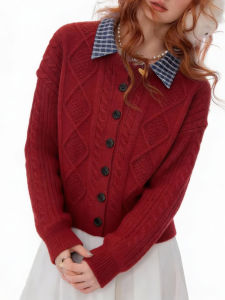 QINGNAER | Gingham Placket Cable Knit Cardigan