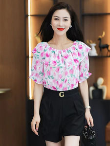 Beautiful Fashion High-End New Floral Chiffon Shirt Womens Short Sleeve Short Summer Ruffles Thin Tops Womens Summer