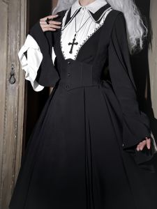 Long Sleeve Cute Lolita Cross Gift Pure Color A-Line Skirt for Women High Waist Button-Up Work Clothing Perfect for Fall and Winter