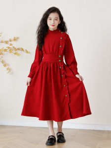 New Year Girls Fleece-lined Winter Dress Traditional Chinese Style Long Skirt Red Color for Little Girls Ages 6-14 Kids Clothing