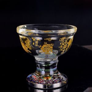 Buddhist Offering Bowl Crystal like Glass High Footed Transparent Eight Auspicious Objects Water Cup Display Piece Decoration