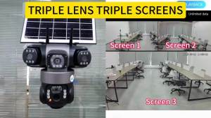 V380 PRO Solar CCTV Camera Connect Cellphone15MP Three Lens CCTV Camera Wifi Connect 360Solar Powered 10X Zoom Wireless IP Camera No WIFI NeededBuilt-in Battery Infrared Night Vision CCTV with Audio and Speaker,4G SIM CCTV Camera Outdoor Waterproof