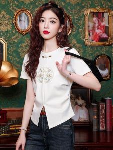 Summer New Chinese Style Short Sleeve T-Shirt Womens Mini Size Slit Short Cotton Top Trendy round Neck Regular Fit T-Shirt