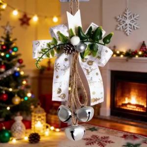 Christmas Bell Ornaments 3Pcs Jingle Bells with Bow Pine Cone Xmas Tree Hanging Decoration for Home Door Window Party Holiday
