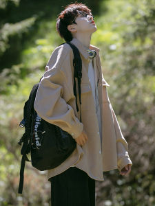 Mens Long Sleeve Suede Shirt Loose Thin Autumn Winter Casual Outerwear Vintage Workwear Top Breathable Polyester Blend