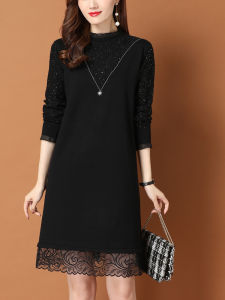 plus Size Womens Knitted Wool Dress Mid-Length Loose Fit Autumn Winter Lace Over-Knee Long Sleeve Crew Neck A-Line Dress