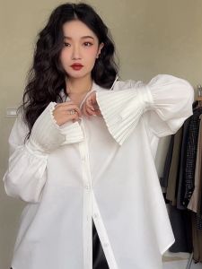 Designer Womens Shirt Bell Sleeve Fashionable Elegant Spring Autumn Korean Style Button Detail Long Sleeve Pure Color Top