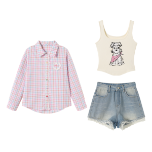 Sweet Style Puppy Pattern Pink Plaid Shirt Outwear