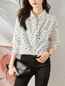 White Pure Cotton Long Sleeve Shirt Women Loose Print Style Korean Version Slimming Top Button down Regular Fit Dot Print
