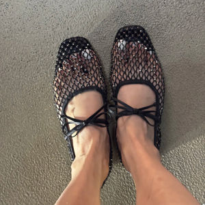 XIANNIWEI | Crystal Mesh Bow Single Shoe French Ballet Flat Mary Jane Shoe