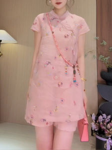 Shalldoer | New Chinese Style National Trend Set Womens Short Sleeve Embroidered Floral Casual Shirt And Shorts Two-Piece Suit Pink
