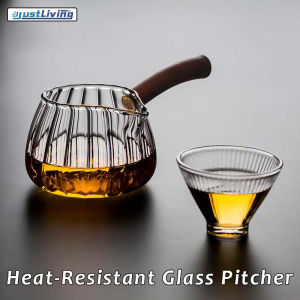 JustLiving Heat-Resistant Glass Pitcher with Wooden Handle Creamer Pitcher Stripe Shape Sauce Milk Coffee Creamer Jug Reusable Teapot Very Suitable for Wine/ Ice Beer/ Whiskey/ Cocktail/ Lemon Juice