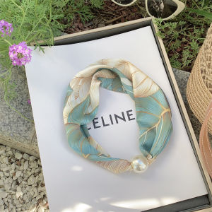 Magnetic Clasp Pearl Scarf Womens Summer Thin Fashionable Neck Warmer Shawl Trendy Korean Style Diamond Embedded Polyester Fiber