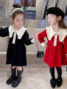 Girls Autumn Winter Knit Sweater Dress 2024 New Arrival: Stylish Korean Princess Dress with Pearls