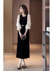 QFN | Elegant Autumn French Style Retro Velvet Dress