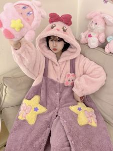 Japanese Style Cartoon Pajamas Womens Winter Young Adult Heart Kirby Robe Suit Thickened Fleece-lined Warm Loungewear