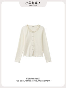 Sweet Style Long Sleeve Knitted Sweater Womens Shoulder Fit Inner Wear Base Shirt Button Embellished Wooden Edge Ear Top