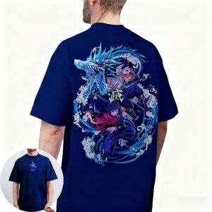Bandai | Giyu Tomioka Printed Demon Slayer Japanese Anime Short Sleeve T-Shirt Summer Mens Trend Versatile Boys Parent-Child Soft Top