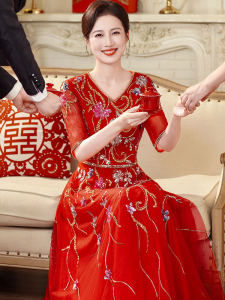 ชุดราตรีผู้หญิง ฤดูใบไม้ร่วง 2025 ชุดแต่งงานสุดหรูหรา กระโปรงทรงเอ คอวีลึก แขนยาว สีพื้น กระดุม ซิป