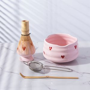 5pcs Pink Heart Decal Ceramic Matcha Set Cute Matcha Set Includes Matcha Bowl Matcha Whisk and Holder Bamboo Scoop Sifter