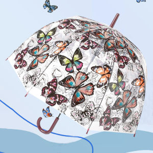 Retro Arch Shaped Transparent Umbrella for Women Butterfly Print Mushroom Umbrella Long Handle Straight Rod Semi Automatic Rain Umbrella