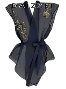 New Chinese Style Luxury Shirtwaist Blouse Summer New Model 3D Heavy Embroidery Belted Top High End Feeling Womens Fashion