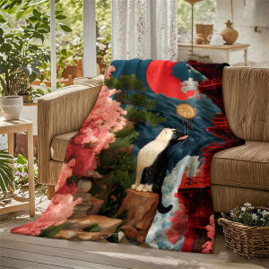 Japanese Cat Pagoda Moon Flannel Blanket Perfect for Sofa Office Bed Travel Sleep Read Relax Camping Four Season Use