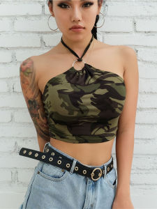 Hot Girl Camouflage Print Slimming Crop Top Hanging Neck Strap Vest Womens Knitted Thickened Autumn Season Fashion Clothing