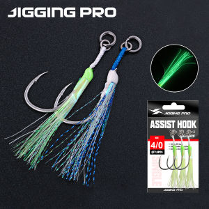 JIGGING PRO Single Assist Hooks 1/0 2/0 3/0 4/0 High Carbon Steel Barbed Jigging Hooks With Luminous Tinsels Saltwater Fishhook