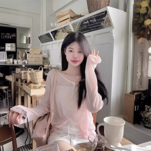 Womens Summer Lazy Style Loose Long Sleeve T-Shirt Thin Outerwear Polyester Fiber Back Hollow out Belted Sun Protection Coat