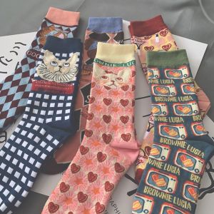 Original Cat Print Mid-Calf Socks for Women 3/6 Pairs Retro College Style High Tube Sports Socks from China Autumn Season