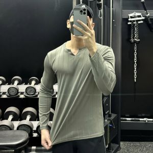 Mens Long Sleeve T-Shirt V-Neck Sportswear Quick Dry High Elasticity Training Running Yoga American Muscle Fitness Upper Body