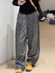 Gray Floral Print Loose Straight Leg Pants Womens Fashion Summer 2025 Tapered All-Match Long Trousers Korean Style Casual Pants