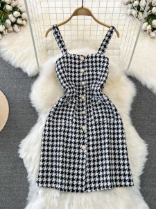 Sweet A-Line Halter Dress Womens Korean Style Checkered Mini Dress with Single Button Natural Waist Cinching Summer Autumn