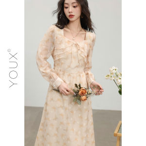 YOUXIANG | Đầm Hoa Kiểu A Dáng Ôm Nhẹ Nhàng Phong Cách Pháp Cổ Vuông